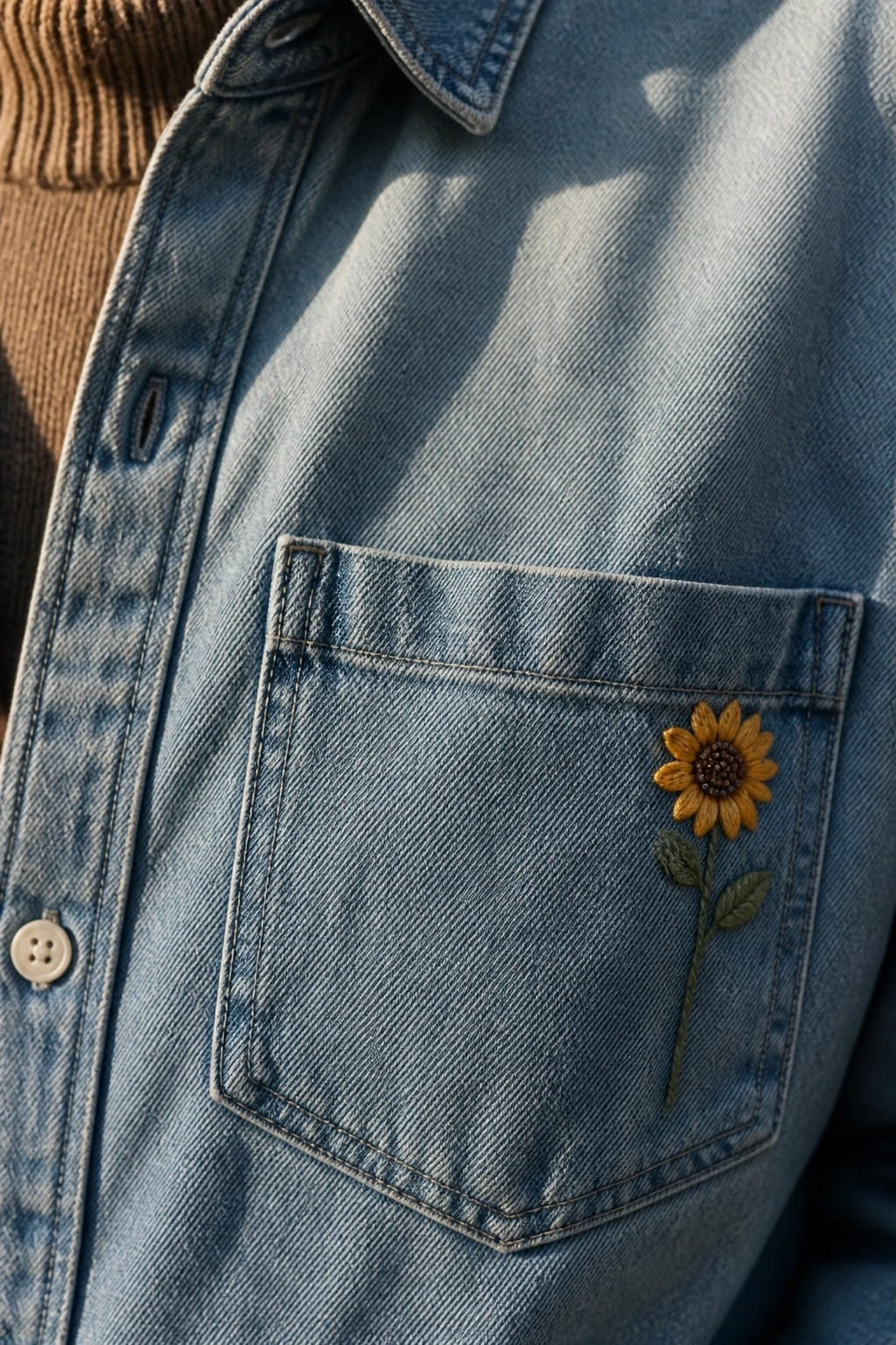 Blue denim jacket pocket with yellow sunflower embroidery in sunlight