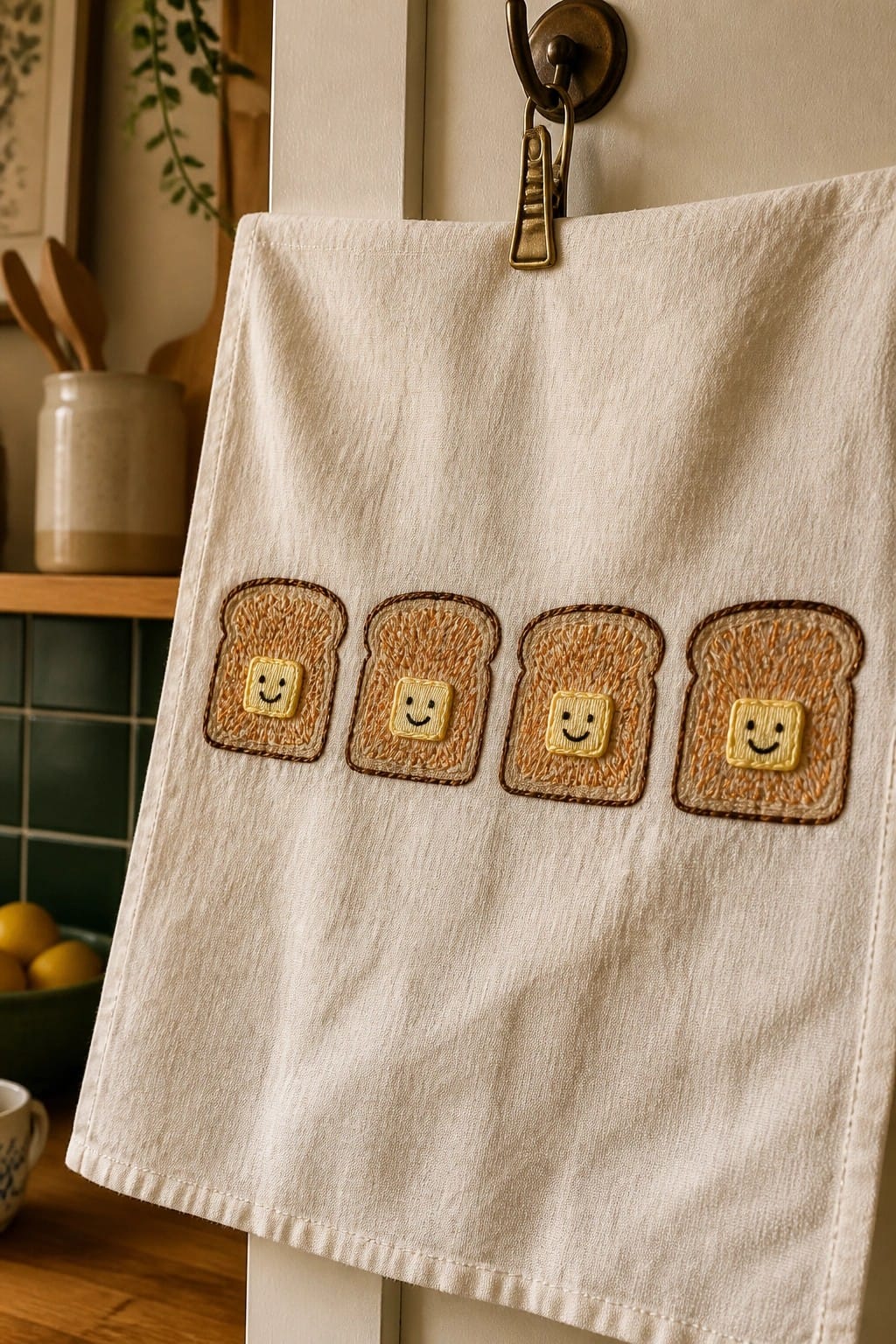 White towel embroidered with four smiling toast slices hanging on brass hook