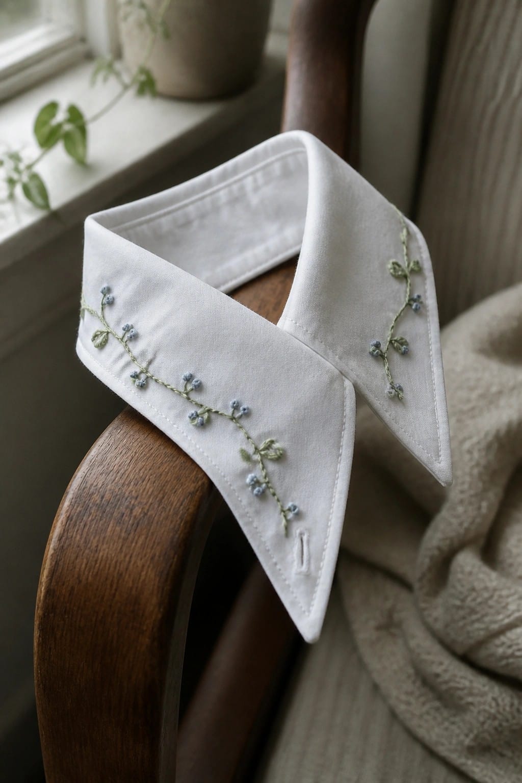 White collar with green vines and blue floral embroidery on wooden chair arm