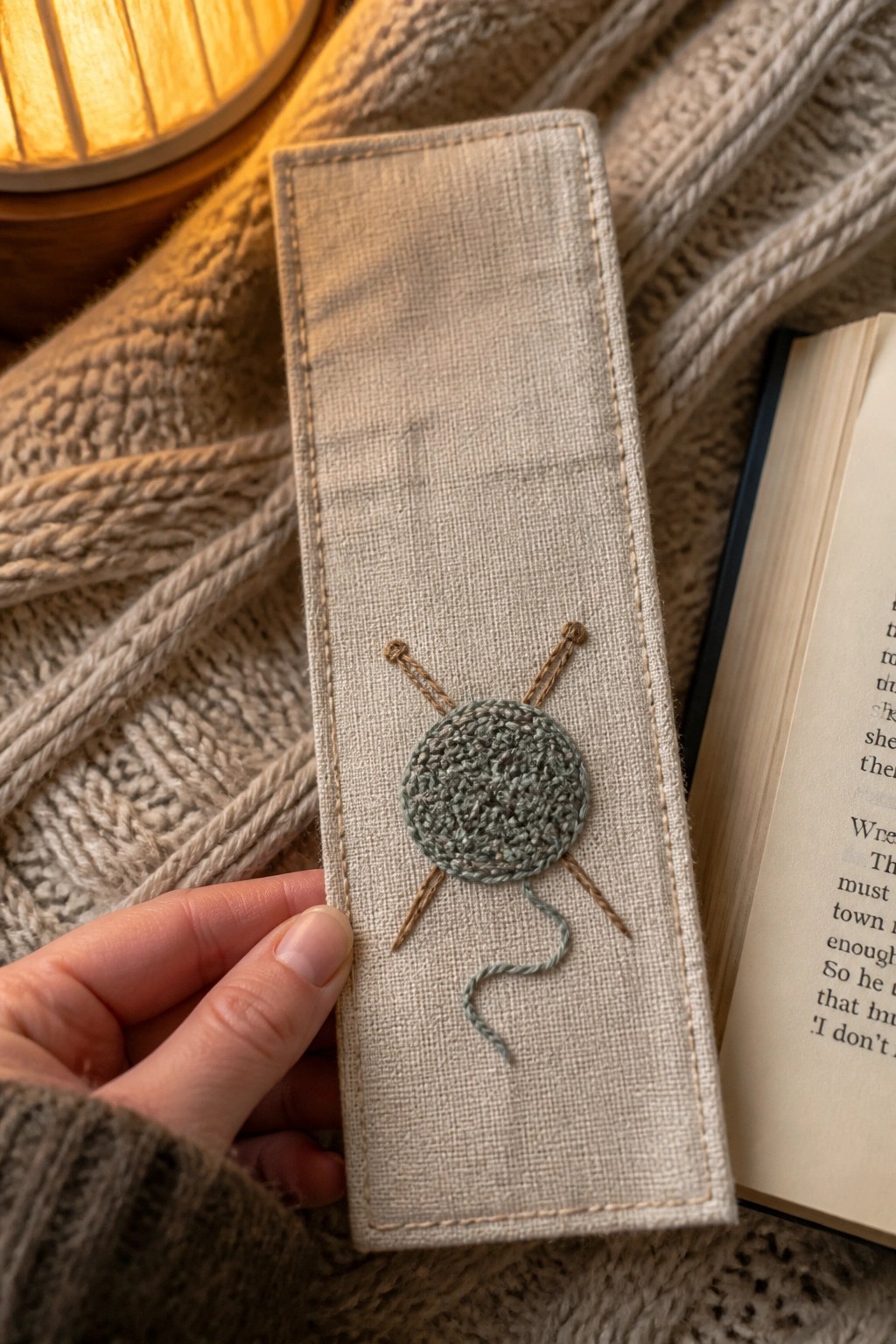 Hand holds beige fabric bookmark embroidered with yarn ball and knitting needles on sweater.