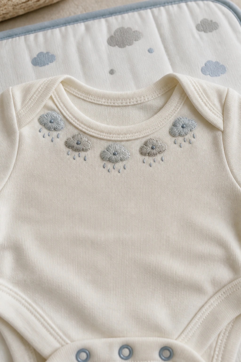 A cream baby onesie with light blue embroidered clouds and raindrops around the neckline.