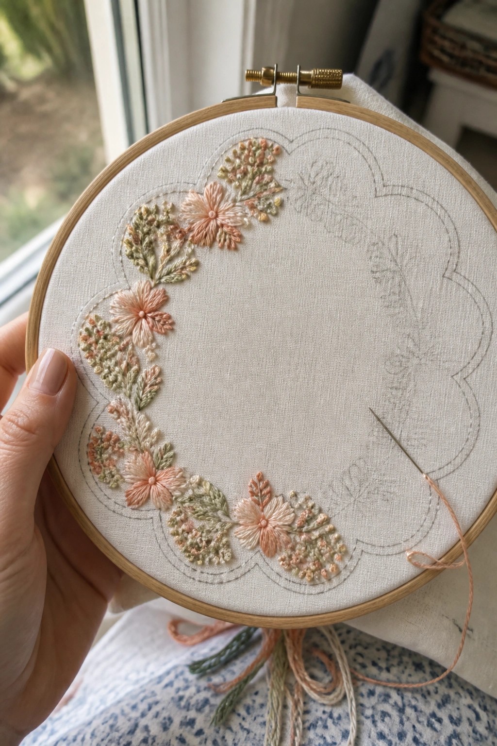 Embroidery hoop with partial scalloped border of peach flowers and green leaves on white fabric, needle and loose threads visible.