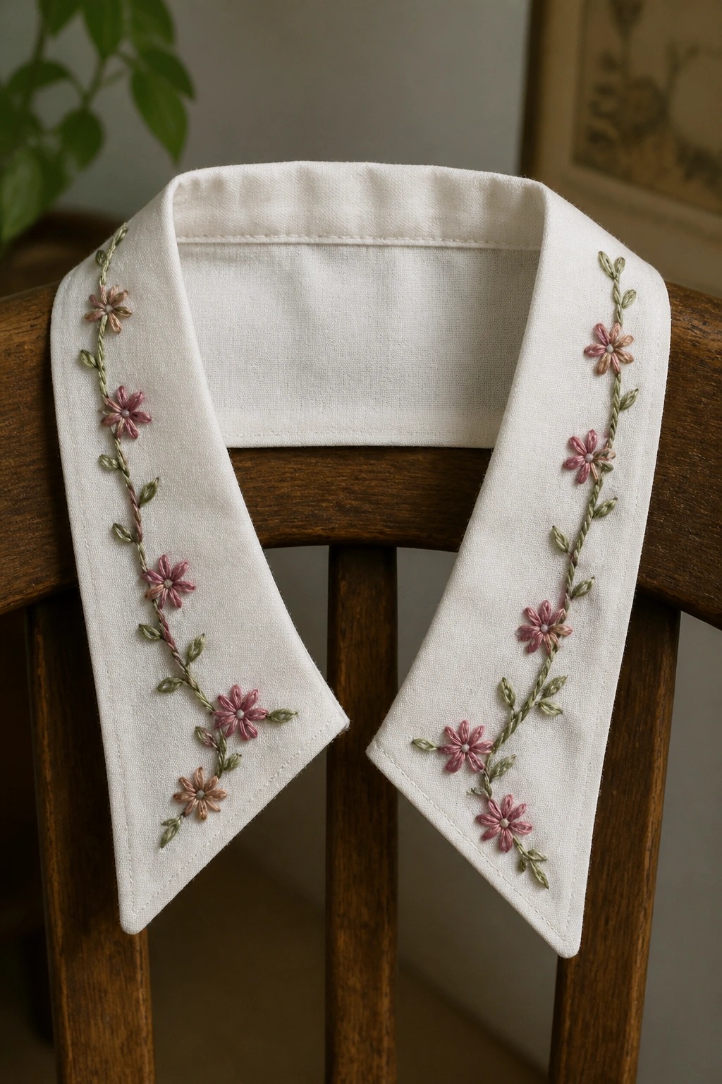 White fabric collar with pink and green floral vines embroidered along both sides, resting on a wooden chair.
