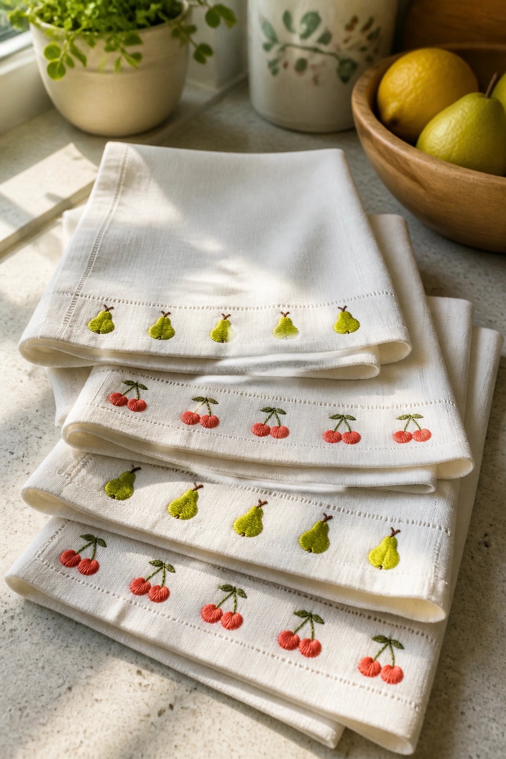 Stacked white napkins embroidered with cherries and pears on kitchen counter