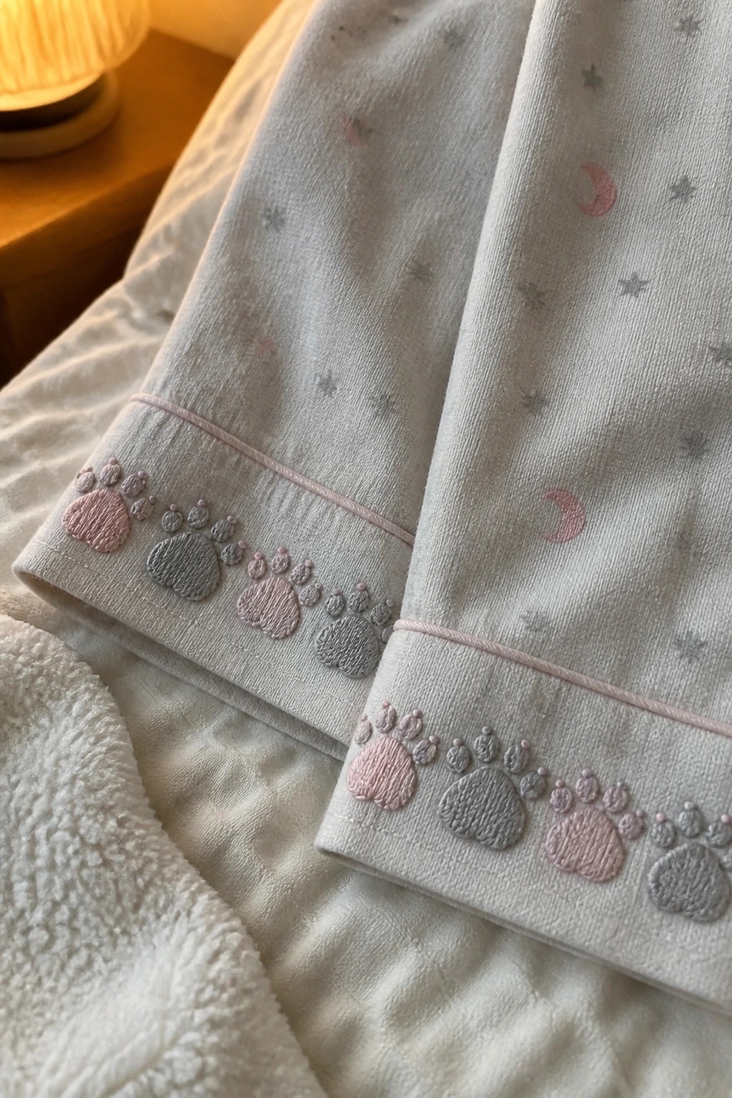 Close-up of light fabric with a row of pink and gray embroidered paw prints along the cuff edge.