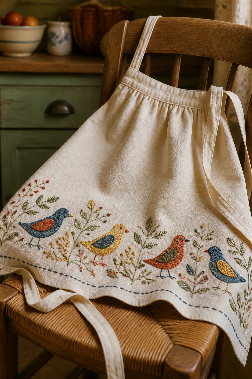 Embroidered cream apron with colorful birds and foliage draped over wooden chair.