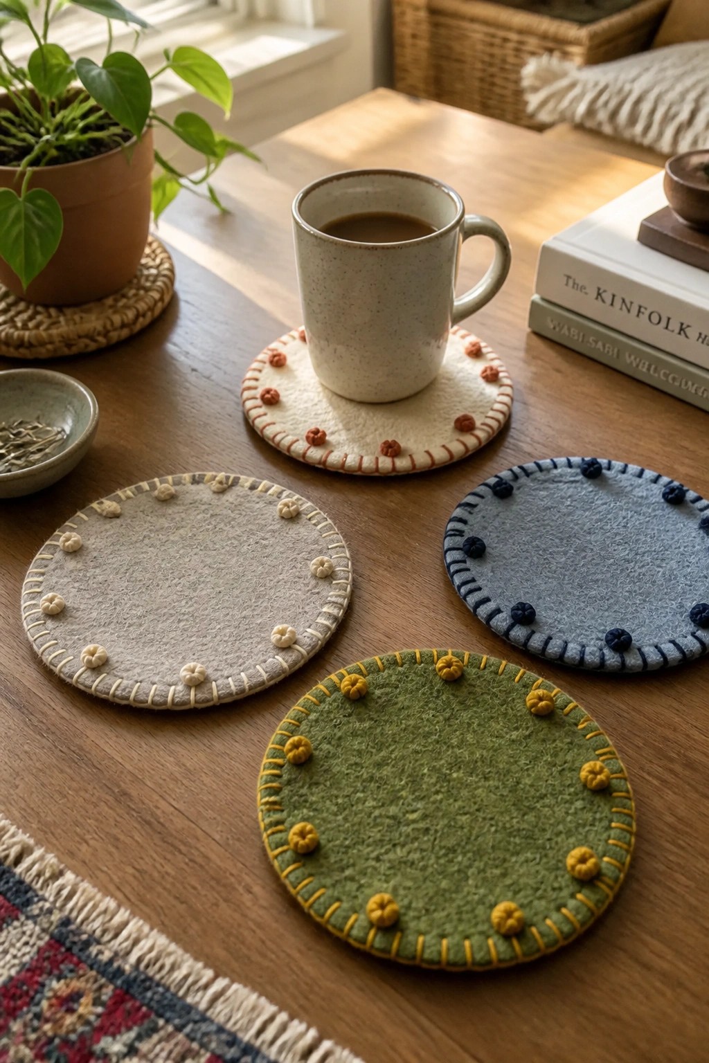 Handmade felt coasters with colorful stitching beside coffee mug on wooden table