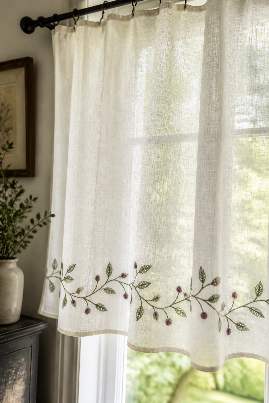 White sheer curtain with a horizontal embroidered border of green leaves and small purple berries along the bottom hem.