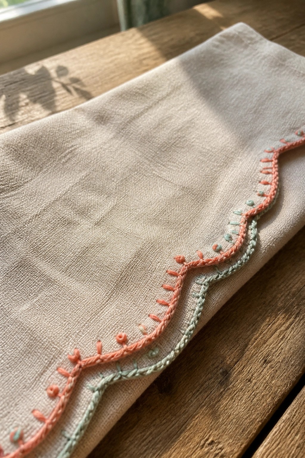 Peach and mint scalloped embroidery on beige fabric atop wooden surface