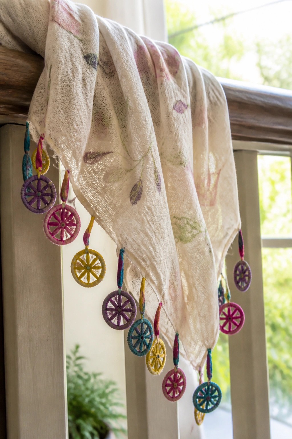 White floral fabric with colorful embroidered wheel ornaments hanging from railing