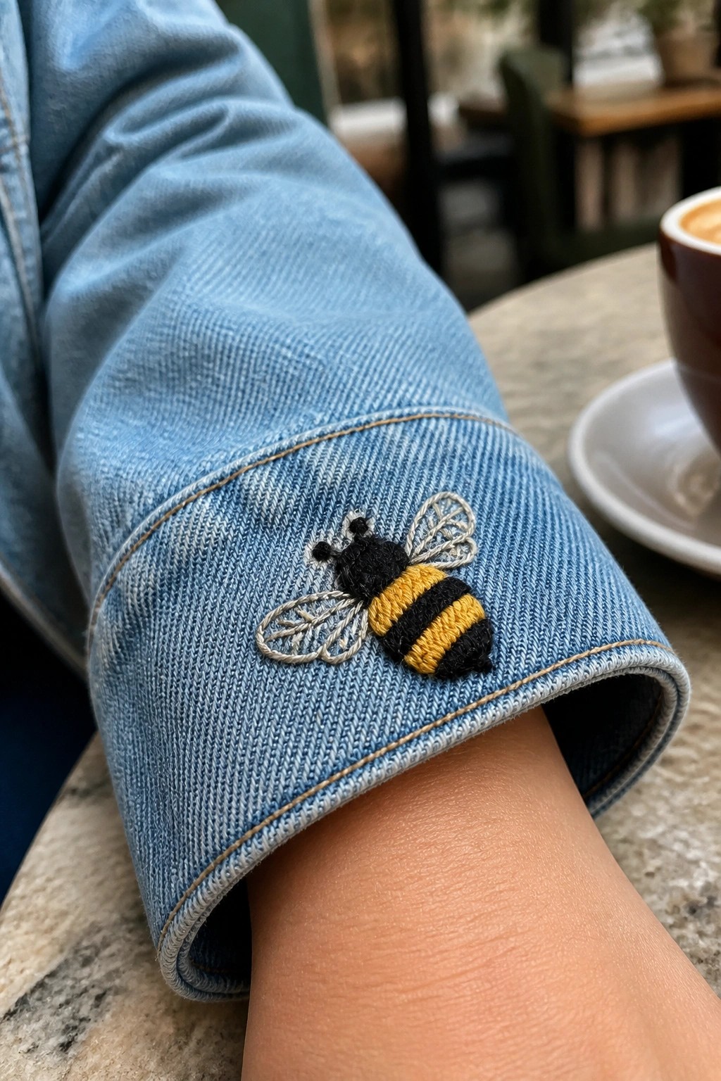 Blue denim cuff embroidered with black-and-yellow bee on wrist