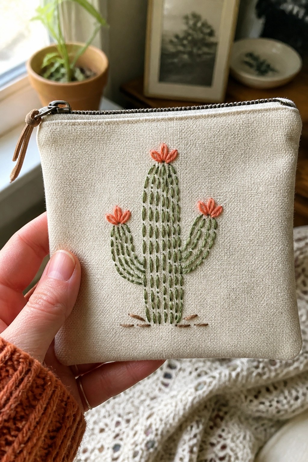 Hand in orange sweater holding beige pouch with embroidered green cactus and orange flowers