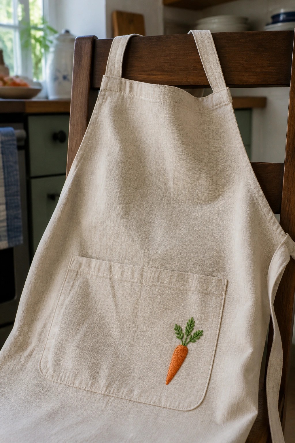 Beige apron with embroidered orange carrot on pocket, hanging on wooden chair.