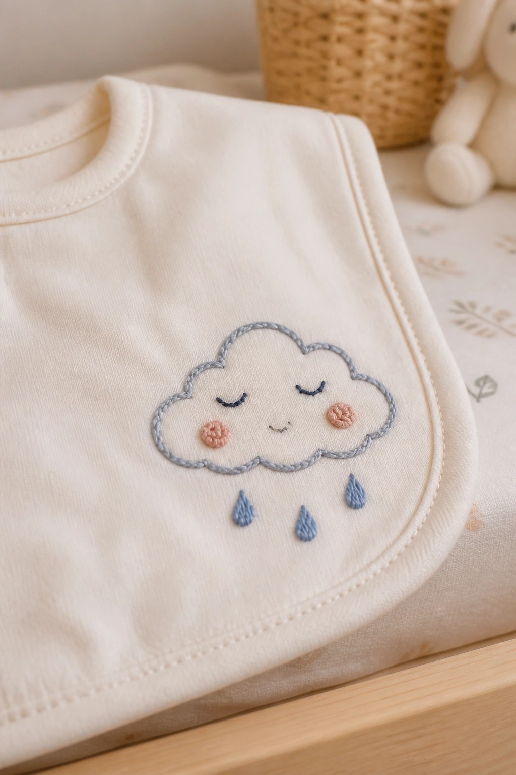 Cream baby bib with embroidered cloud face and three blue raindrops.