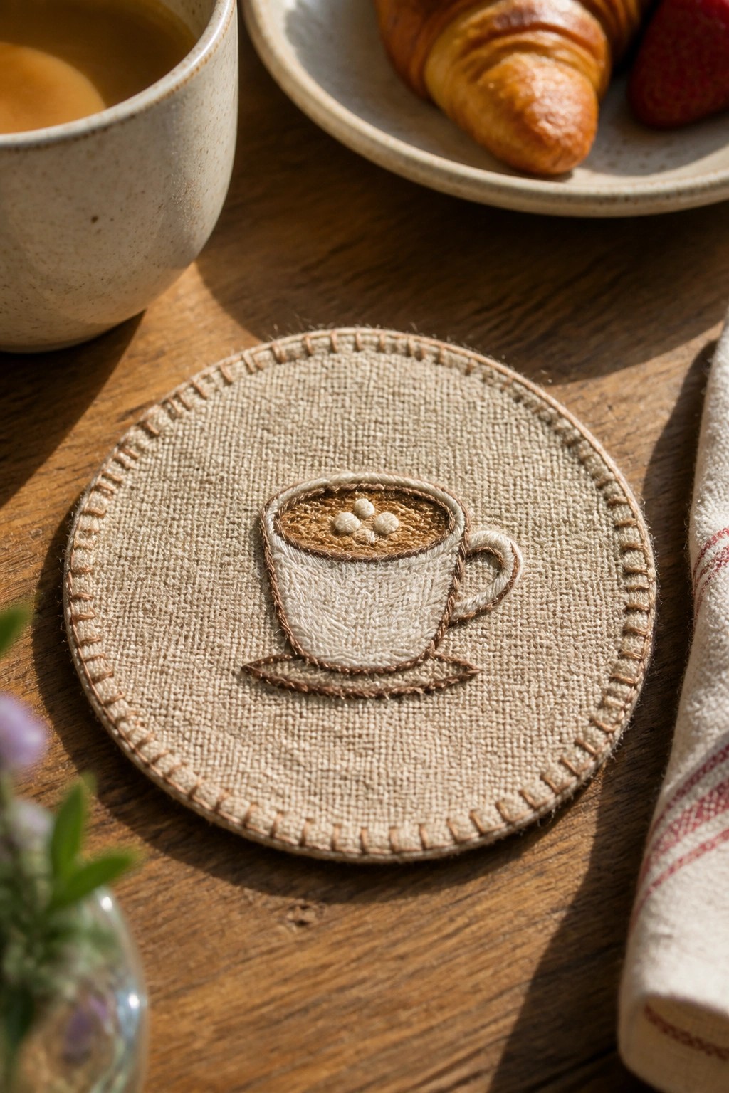 Embroidered beige coaster with coffee cup on wooden table beside mug and croissant