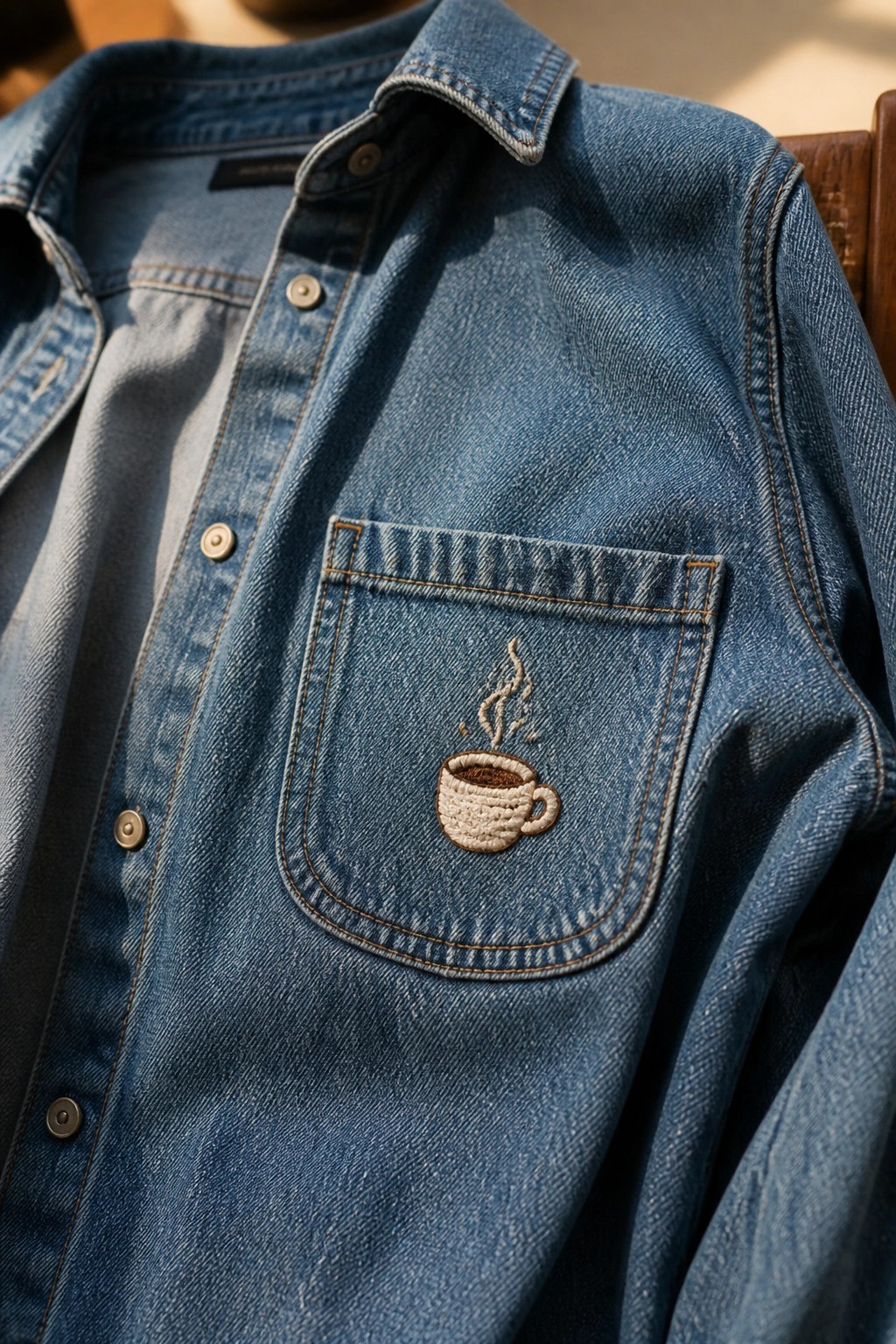 Blue denim shirt with embroidered steaming coffee cup on chest pocket.