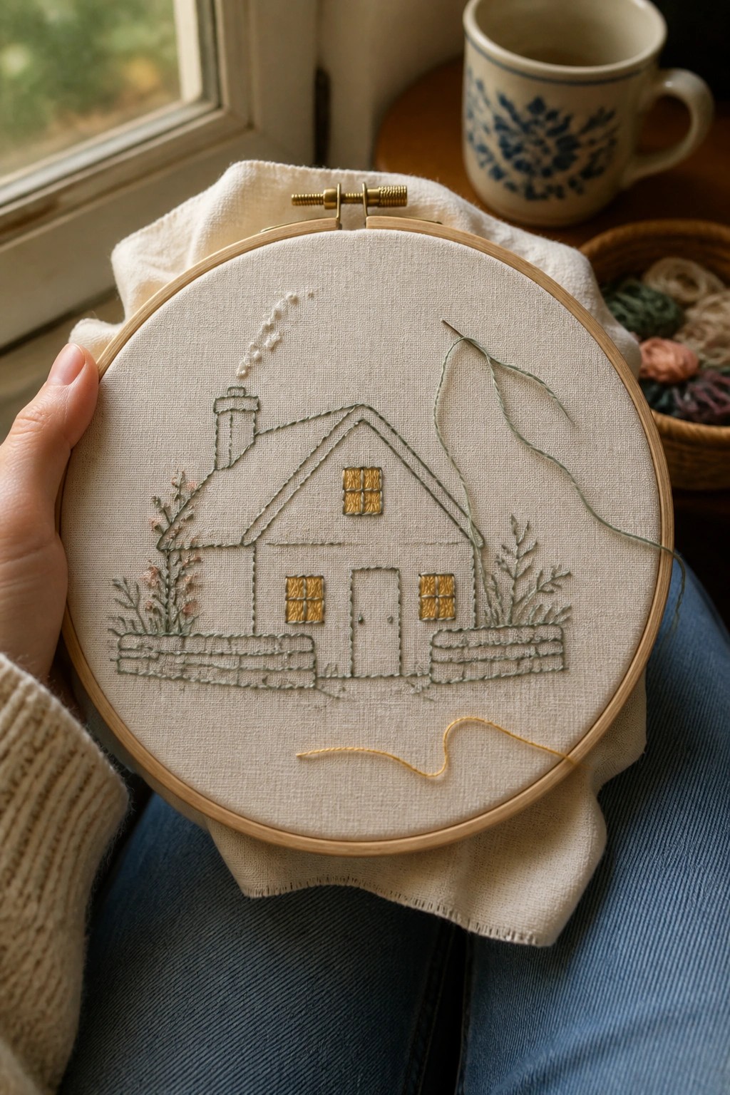 A hand holds a wooden embroidery hoop displaying a stitched house with chimney, door, yellow windows, fence, and plants on off-white fabric.