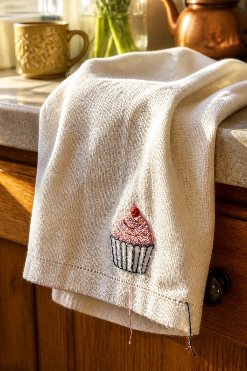 White towel with a small embroidered cupcake resting on a kitchen counter.