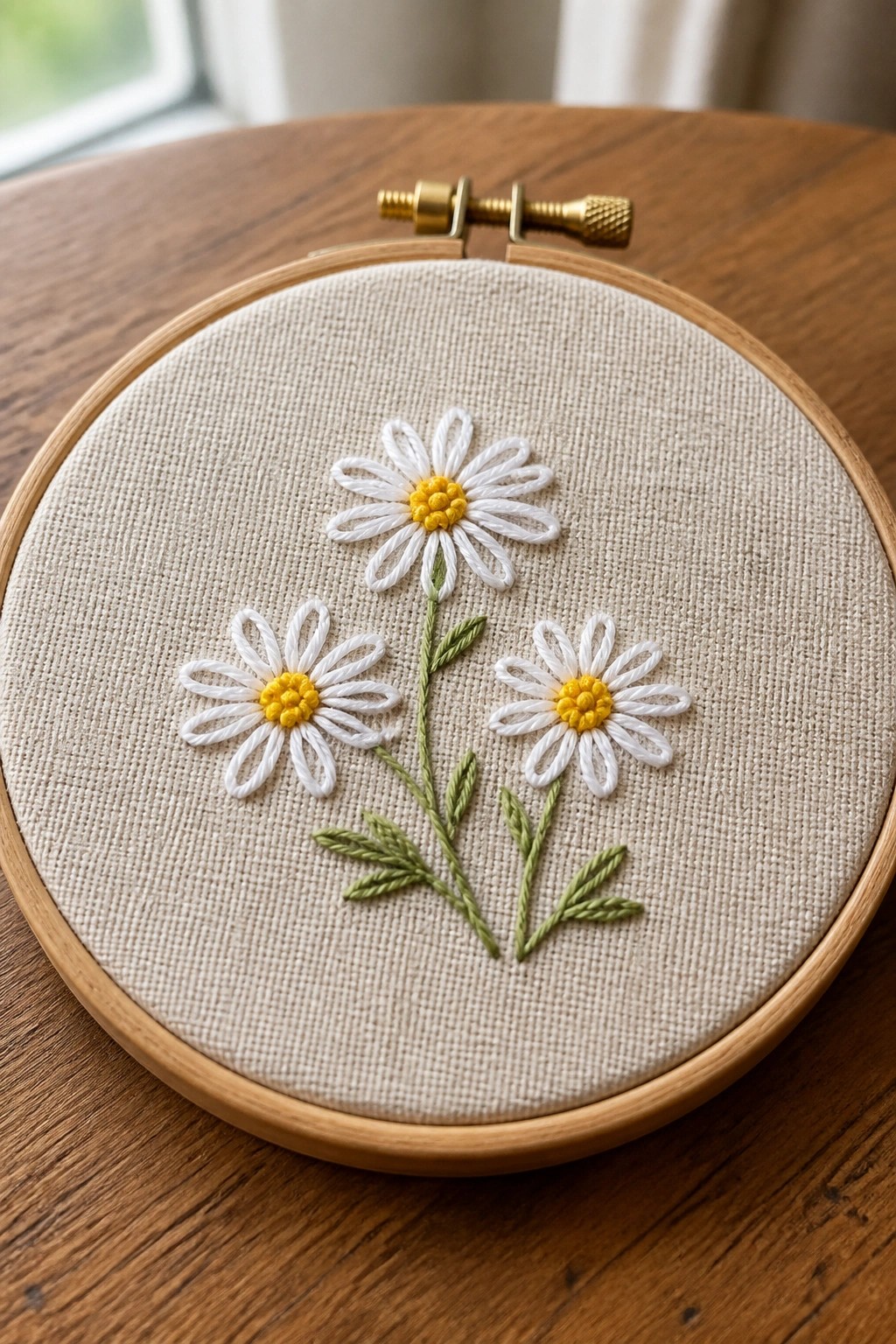 Three embroidered daisies with white petals, yellow centers, and green stems and leaves on beige fabric inside a wooden hoop.