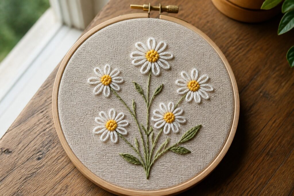 Three embroidered daisies with white petals, yellow centers, and green stems and leaves on beige fabric inside a wooden hoop.