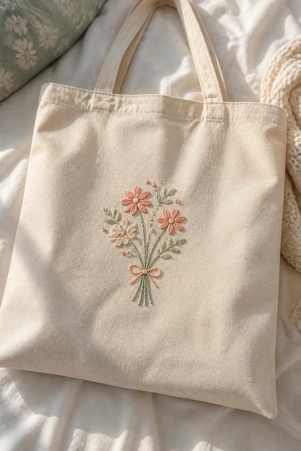 Cream tote bag with embroidered pink flowers, green stems, and bow on white fabric