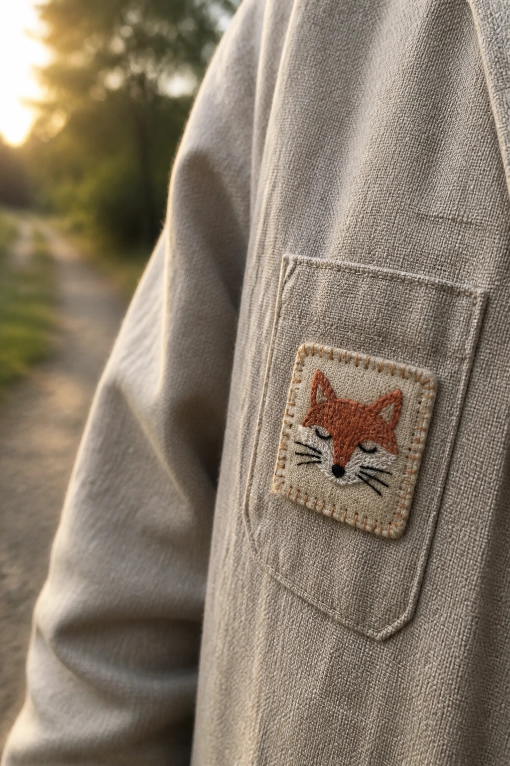 Beige jacket pocket with embroidered sleeping fox patch in warm outdoor light