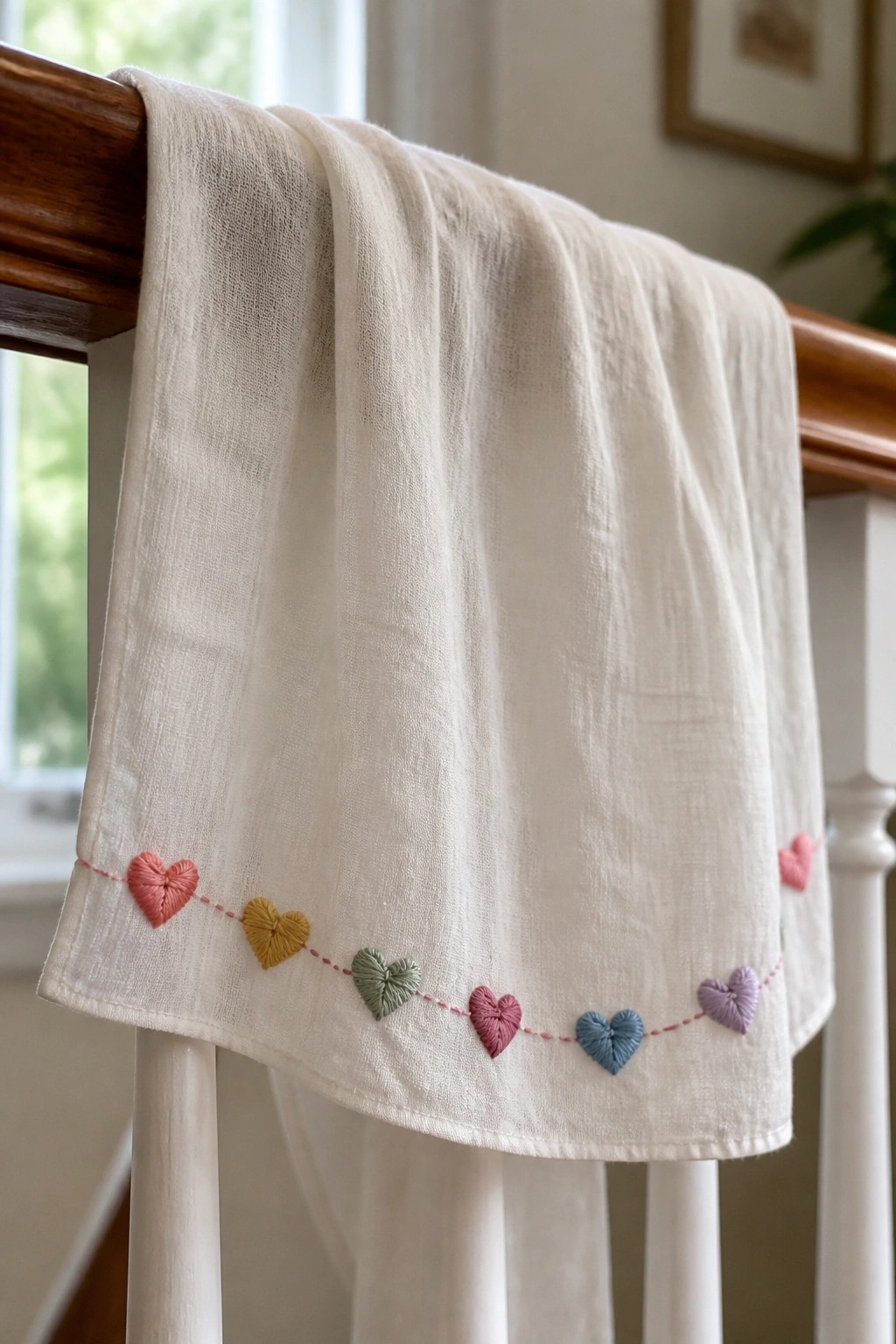 White cloth with colorful heart embroidery draped over wooden staircase railing.