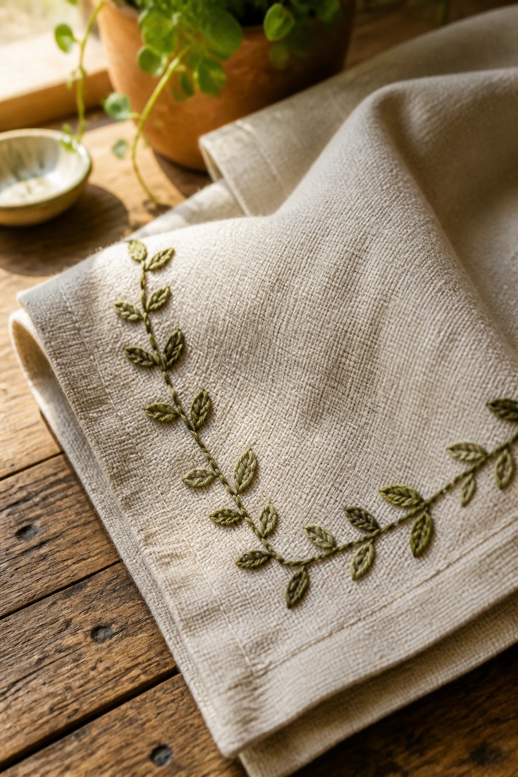 Linen napkin with green embroidered leafy vines along the folded edge on a wooden table.