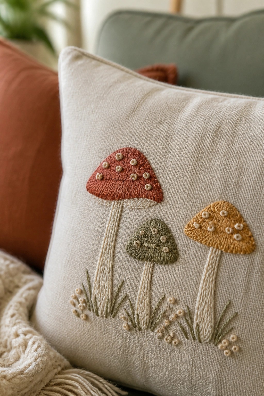 Embroidered beige pillow with red, green, and yellow mushrooms on a couch.
