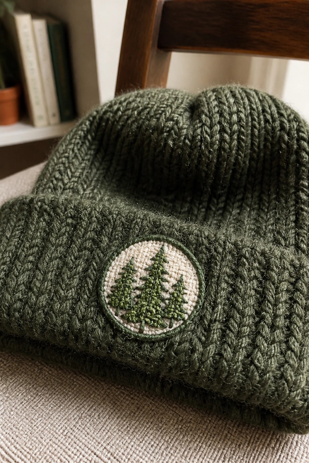 Knitted green beanie with embroidered pine trees patch on beige fabric.