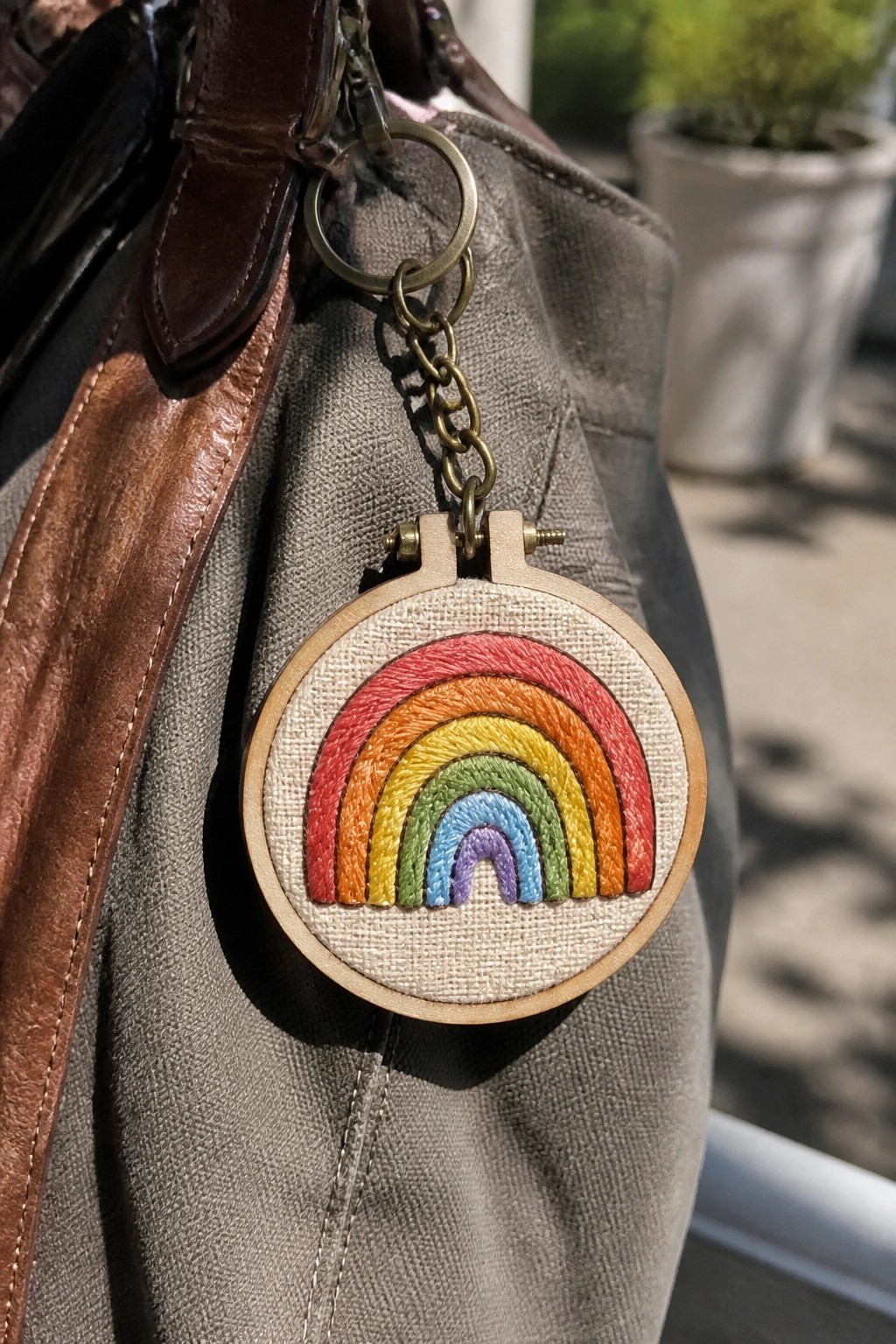 Rainbow-embroidered keychain in wooden hoop on gray canvas bag with leather trim