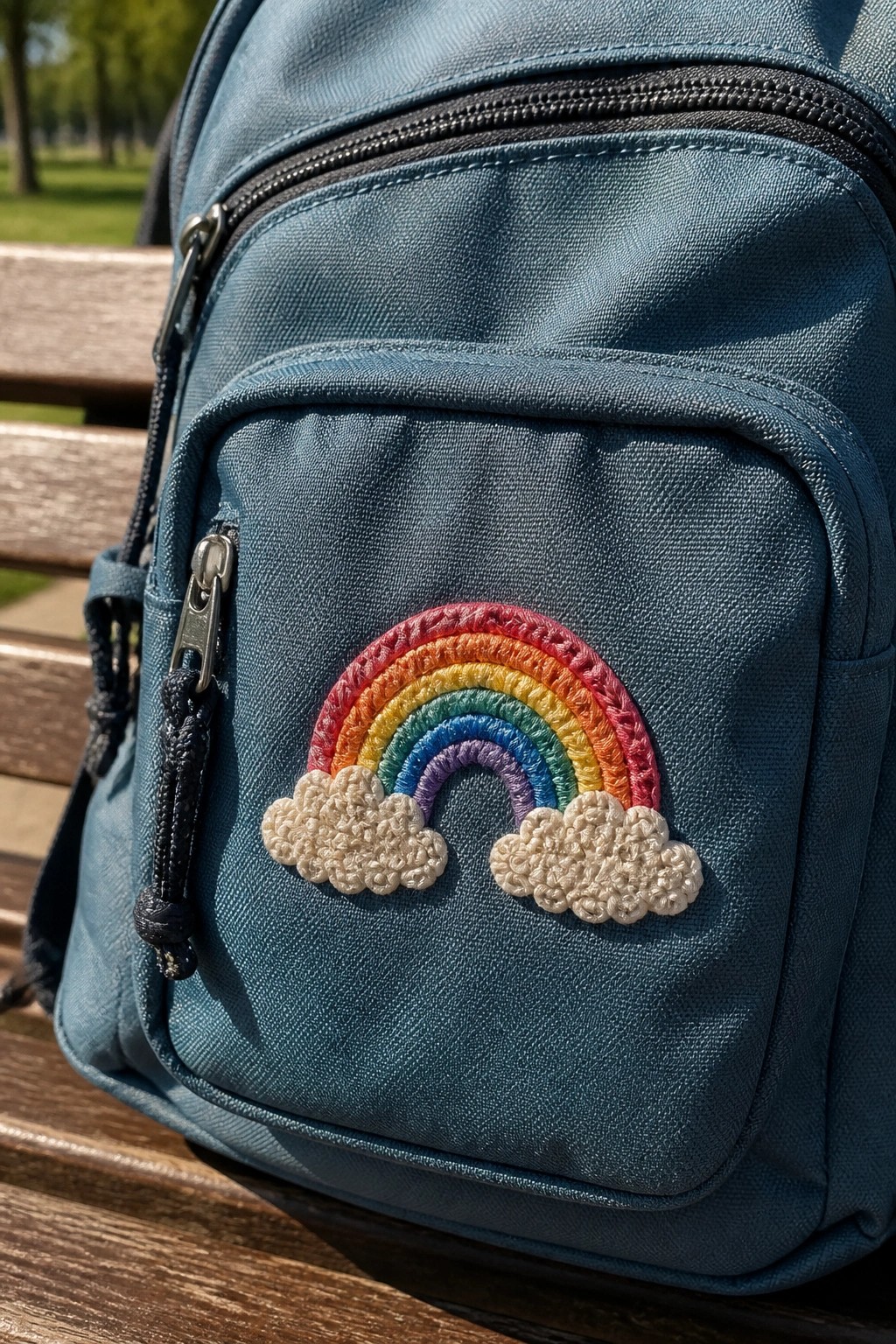 Blue backpack with an embroidered rainbow and two clouds on the front pocket.