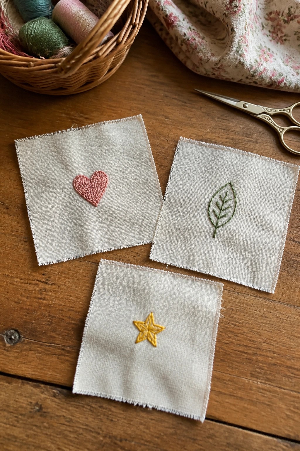 Pink heart, green leaf, and yellow star embroidery on white fabric squares with supplies