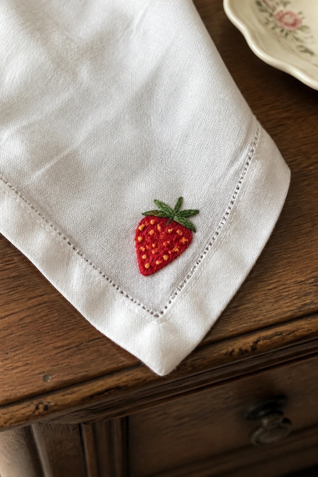 A white cloth napkin with a small red embroidered strawberry placed in one corner on a wooden surface.