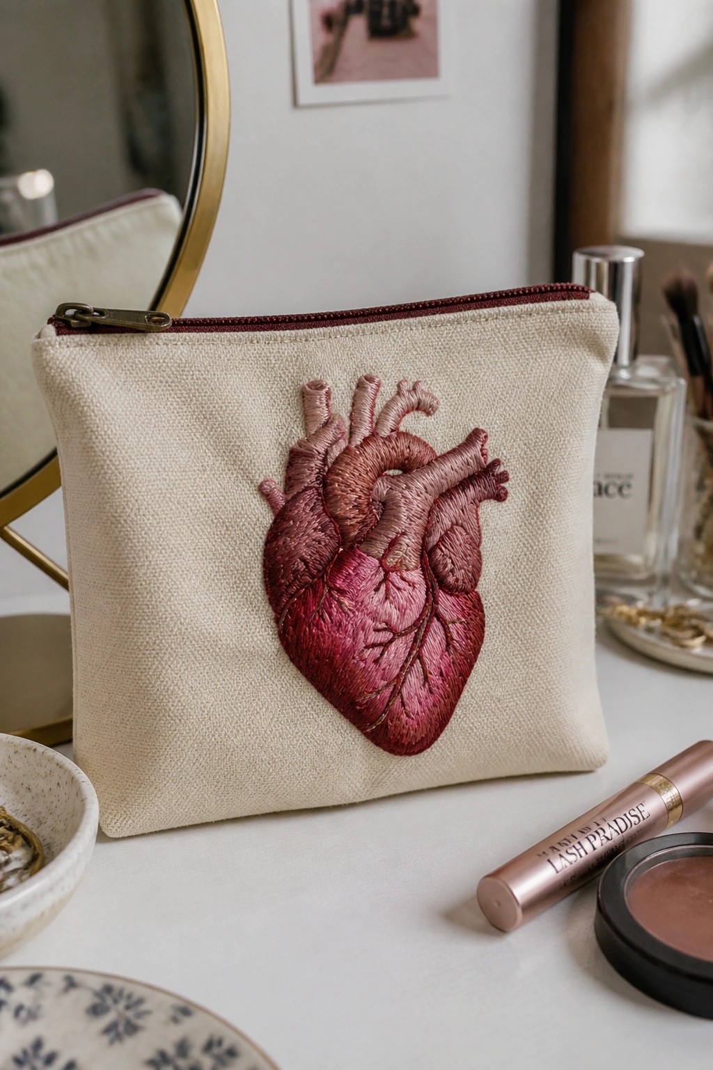 Beige pouch with detailed embroidered anatomical heart amid beauty products on vanity.