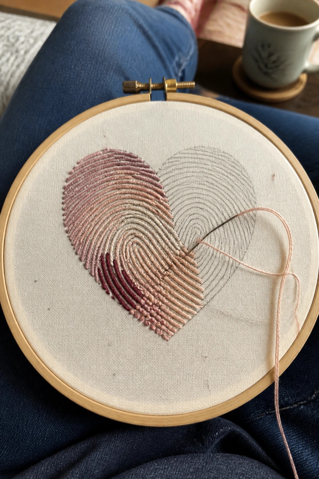 An embroidery hoop with a partially completed heart design made of fingerprint-style lines in shades of pink and beige, with a needle and thread resting on the fabric.