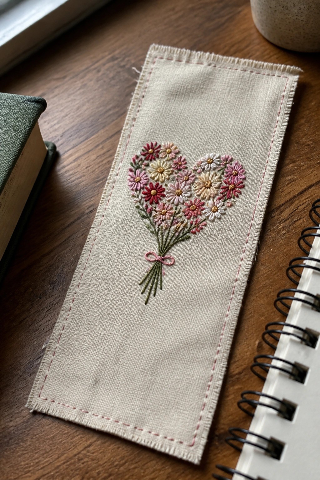 Embroidered heart-shaped daisy bouquet bookmark on wooden table beside books.