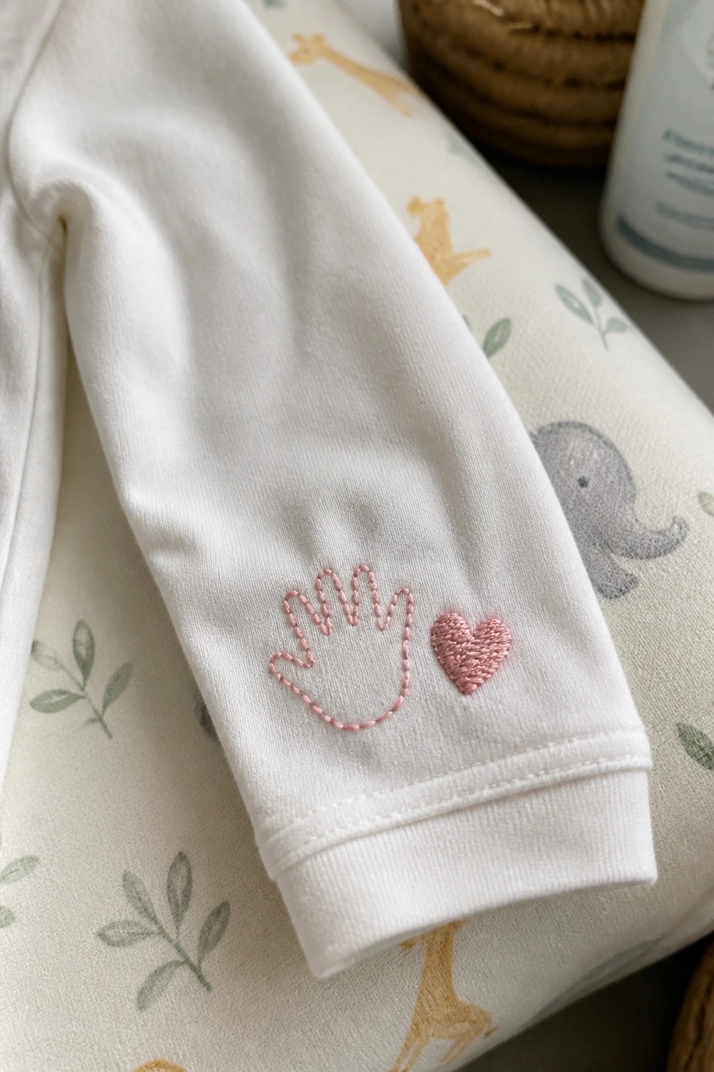 Pink embroidered hand outline and heart on the cuff of a white baby onesie.