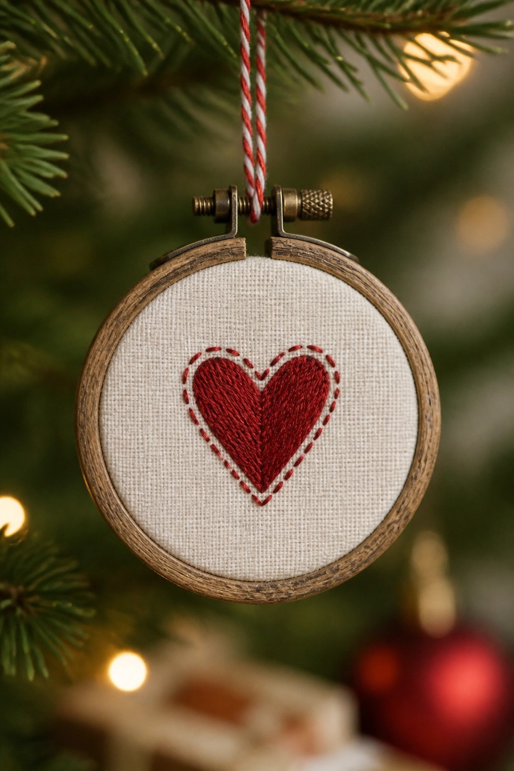 Miniature wooden hoop with red embroidered heart hanging on Christmas tree branch.