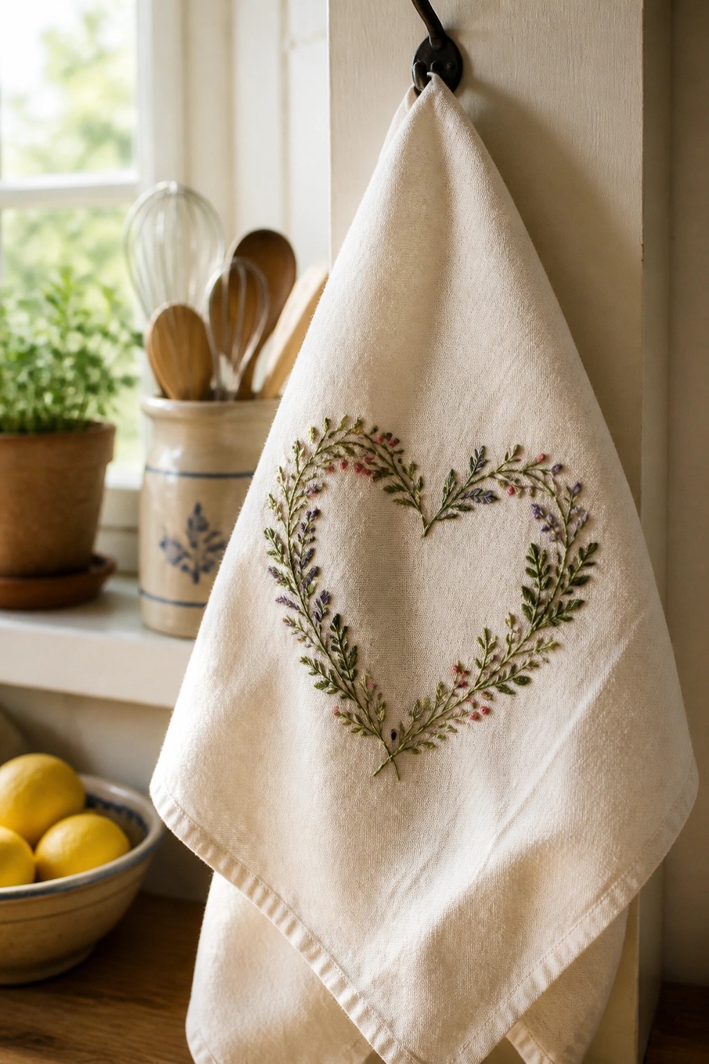 A cream-colored towel with an embroidered heart wreath of green leaves and small flowers hangs from a black hook above a windowsill.