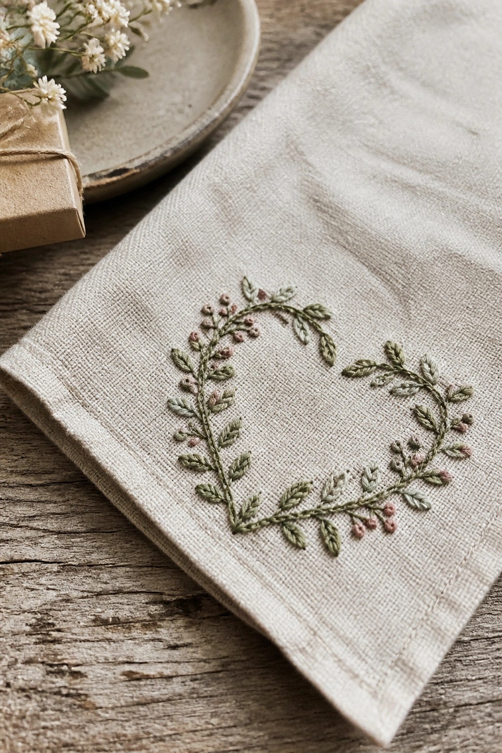 A heart-shaped embroidery of green leaves and pink clusters on a beige linen napkin with a wrapped gift nearby.