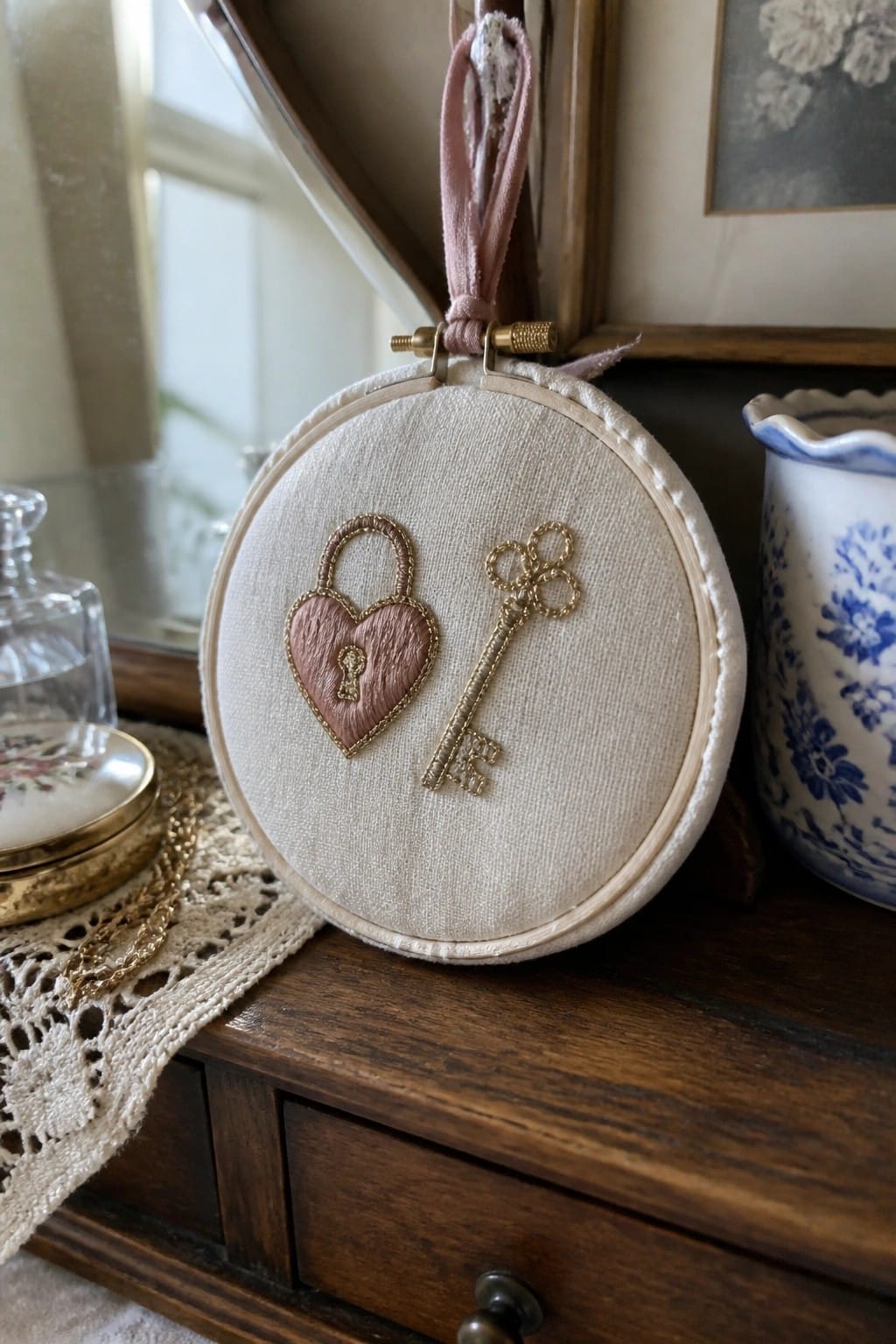 Small embroidery hoop with pink heart padlock and gold key on cream fabric.