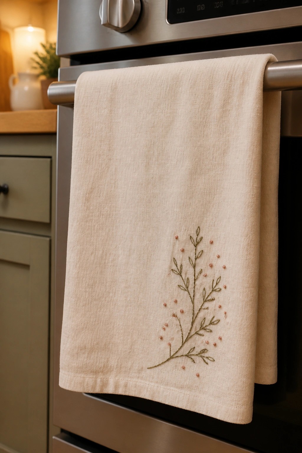 Beige embroidered towel with leafy branch and pink beads on oven handle.