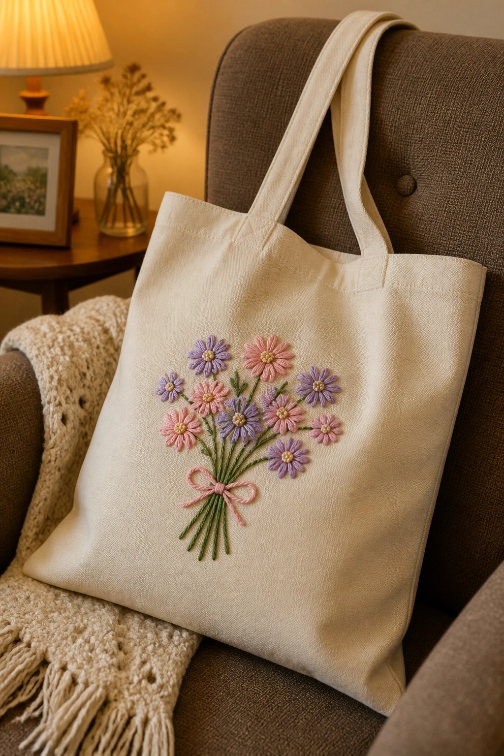 Cream tote bag with pink and purple embroidered flowers on brown armchair