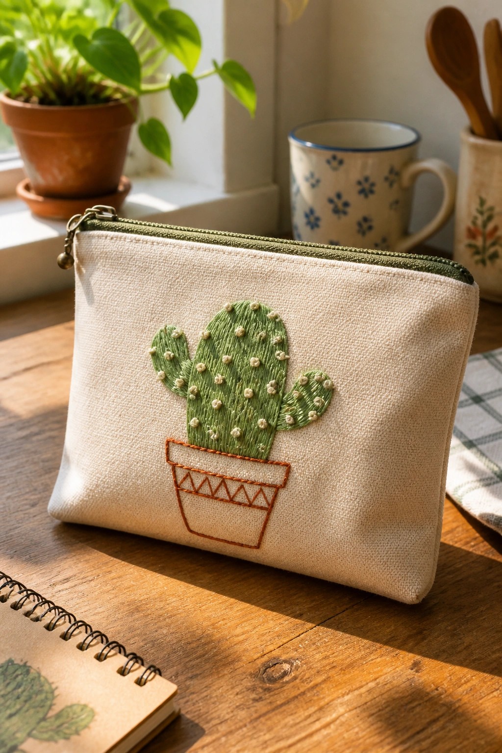 Embroidered cactus on beige zippered pouch atop rustic wooden table with notebook