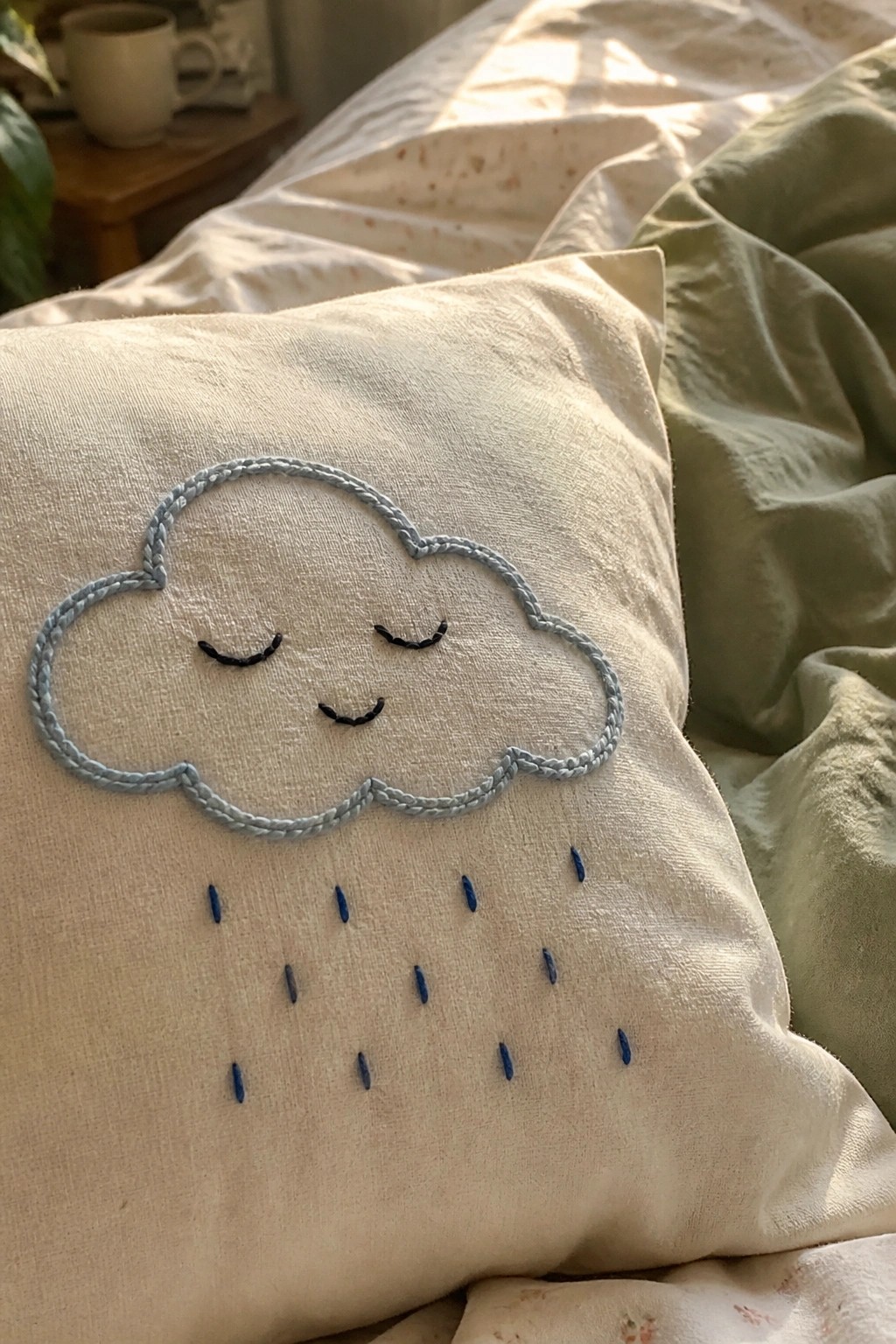 A beige pillow with an embroidered light blue cloud face and scattered blue rain stitches below it on a bed.