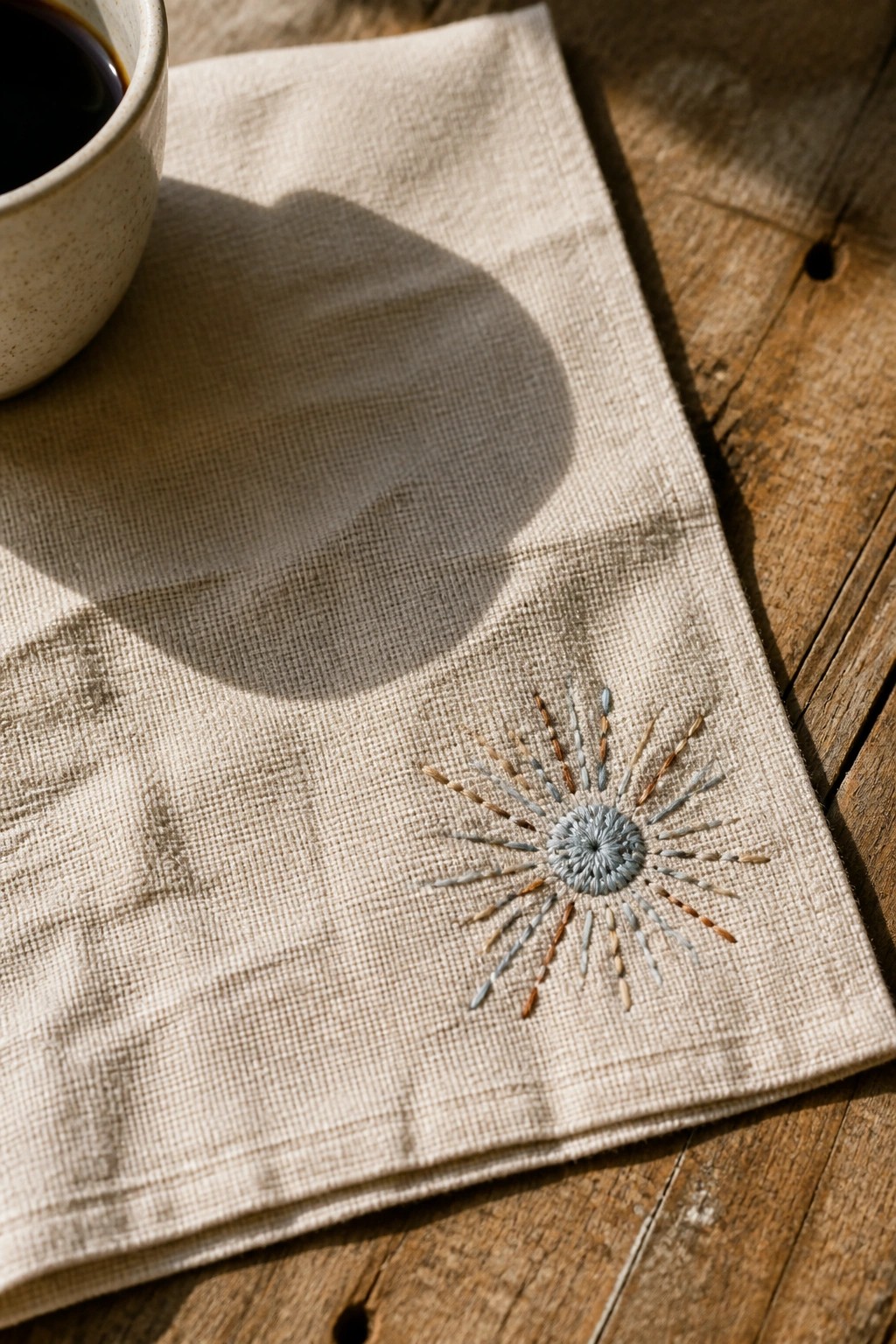 Beige linen napkin with blue-brown sun embroidery beside coffee cup on wood.