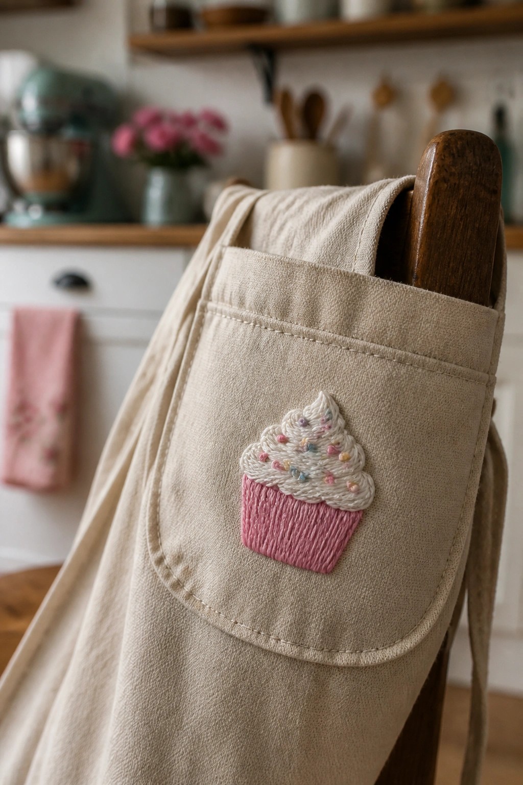 Beige apron with pink cupcake embroidery on pocket, draped over wooden chair in kitchen