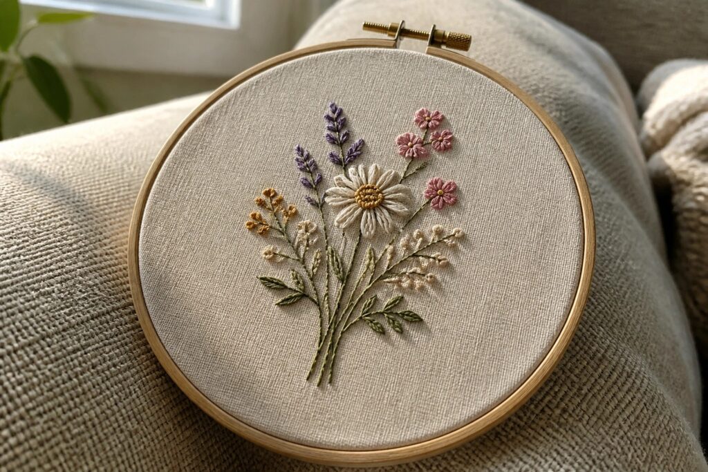 23 Beginner Hand Embroidery Ideas That Build Confidence Stitch by Stitch Wooden hoop holding embroidered pink, white, purple, and yellow wildflowers on beige fabric.