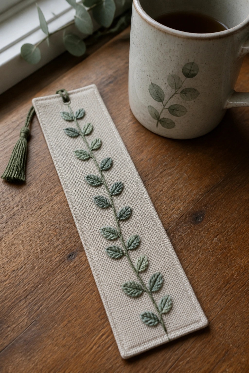 Linen bookmark with green embroidered leaves and tassel beside a ceramic mug